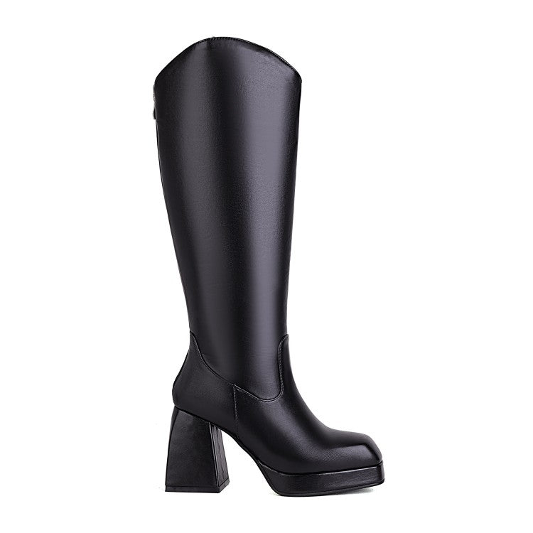 Woman Candy Color Stitching Block Heel Platform Knee High Boots