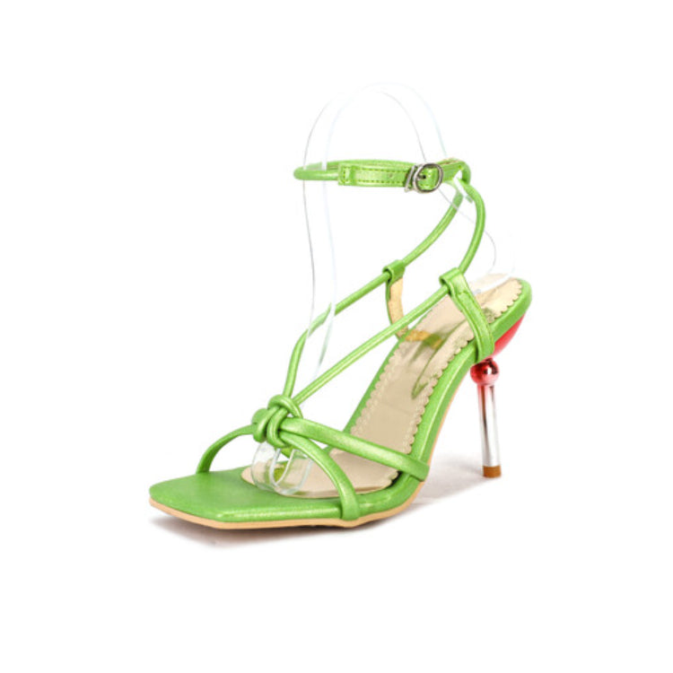 Women Candy Color Narrow Straps Square Toe Stiletto High Heel Sandals