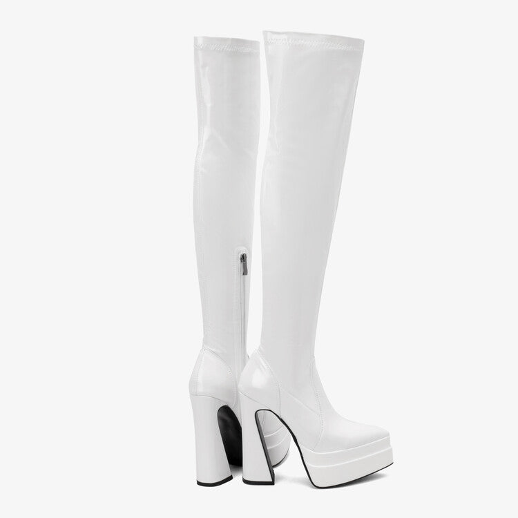 Woman Glossy Pointed Toe Side Zippers Chunky Heel Platform Over the Knee Boots