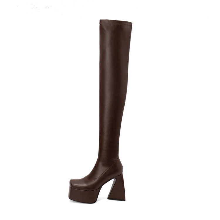 Woman Pu Leather Side Zippers Chunky Heel Platform Over the Knee Boots