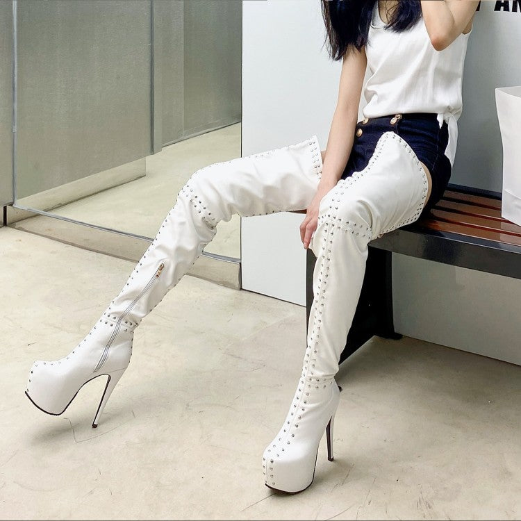 Woman Pu Leather Round Toe Rivets Patchwork Stiletto Heel Platform Over the Knee Boots