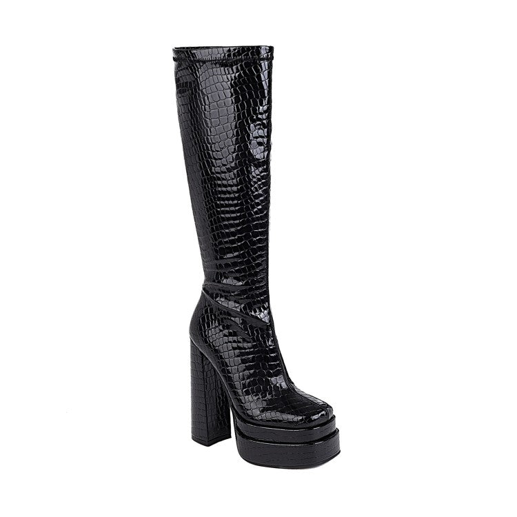 Women Crocodile Pattern Pu Leather Side Zippers Chunky Heel Platform Knee High Boots