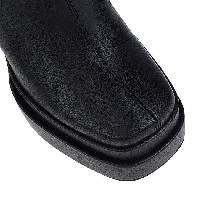 Women Crocodile Pattern Pu Leather Side Zippers Chunky Heel Platform Knee High Boots