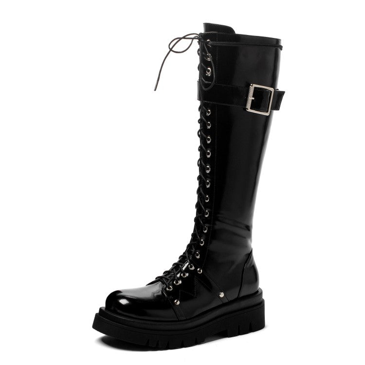 Women Pu Leather Lace Up Side Zippers Belts Buckles Knee High Boots