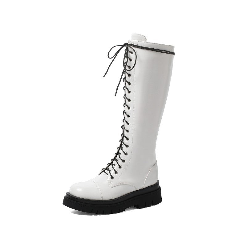 Women Pu Leather Lace Up Side Zippers Knee High Boots