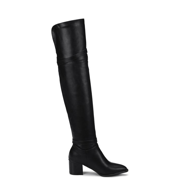 Women Pu Leather Pointed Toe Belts Buckles Block Heel Knee High Boots
