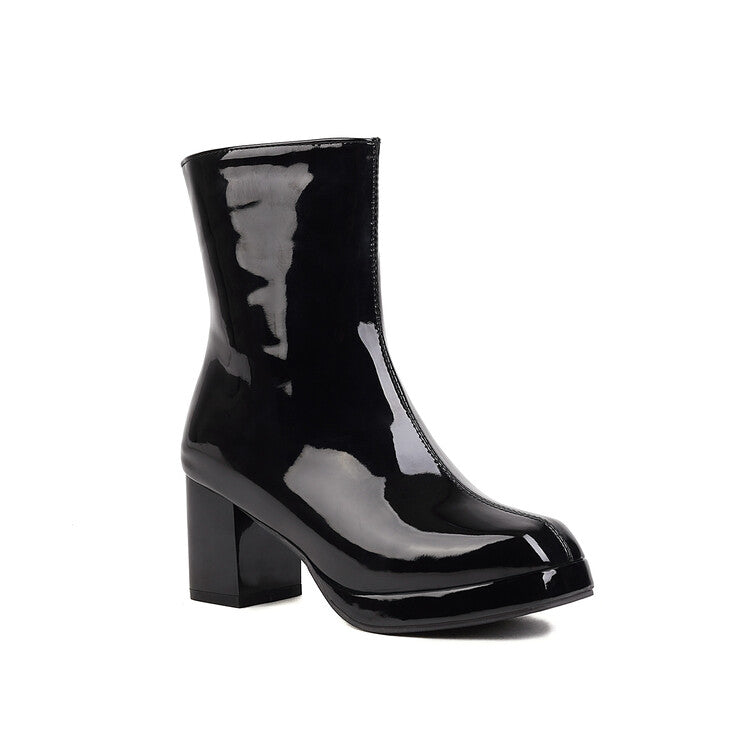 Woman Glossy Square Toe Block Heel Side Zippers Platform Short Boots