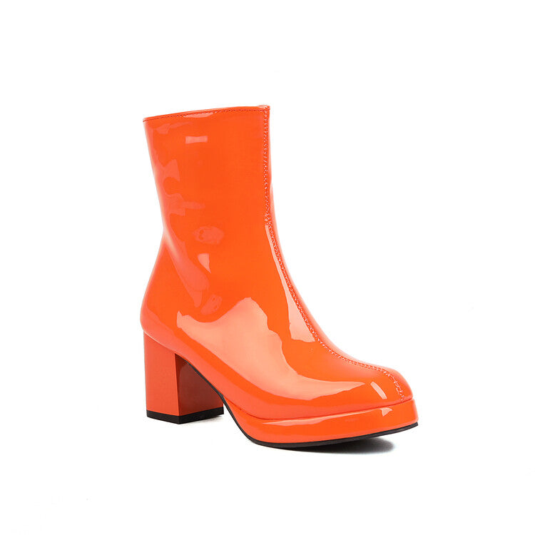 Woman Glossy Square Toe Block Heel Side Zippers Platform Short Boots