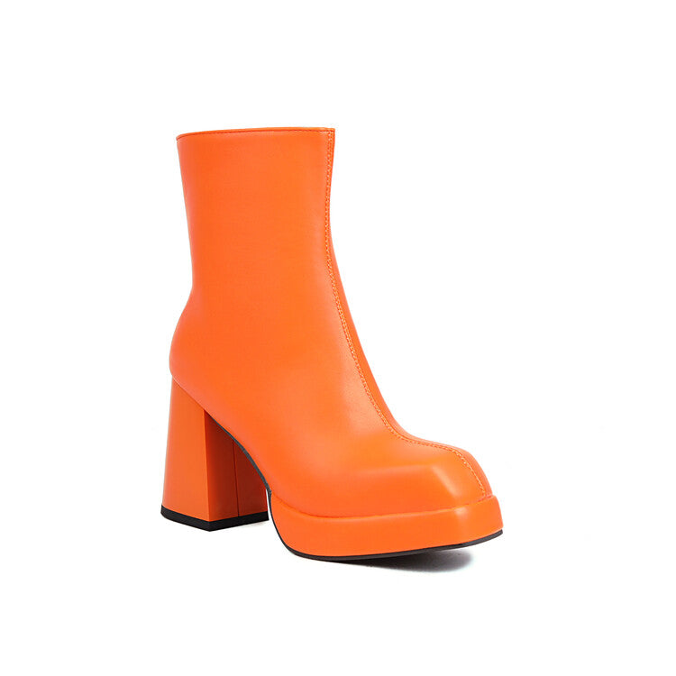 Woman Square Toe Side Zippers Block Heel Platform Short Boots