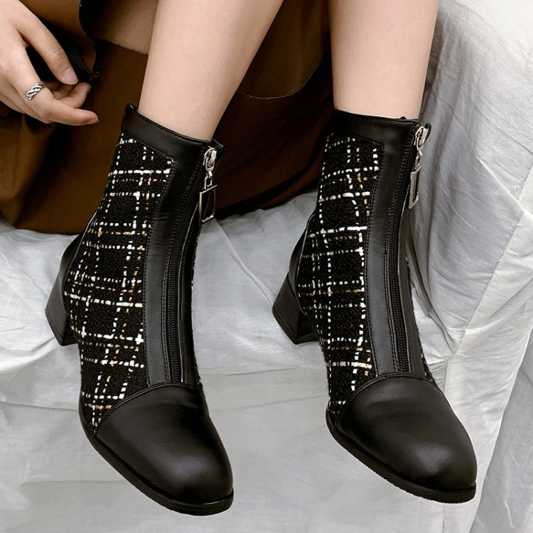 Woman Pu Leather Lattice Patchwork Zippers Block Heel Short Boots