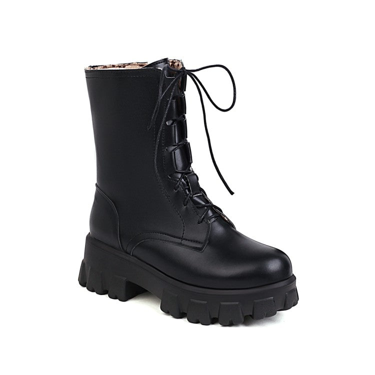 Woman Glossy Round Toe Lace Up Flat Side Zippers Platform Short Boots