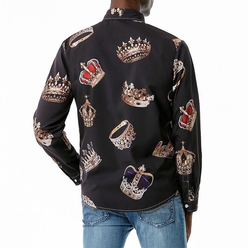 Men's 3D Button Royal Style Crown Printing Long Sleeves Casual Shirts