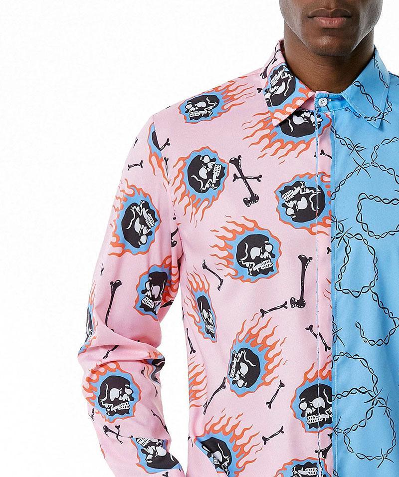 Men's 3D Button Flame Skull Chain Printing Long Sleeves Casual Shirts