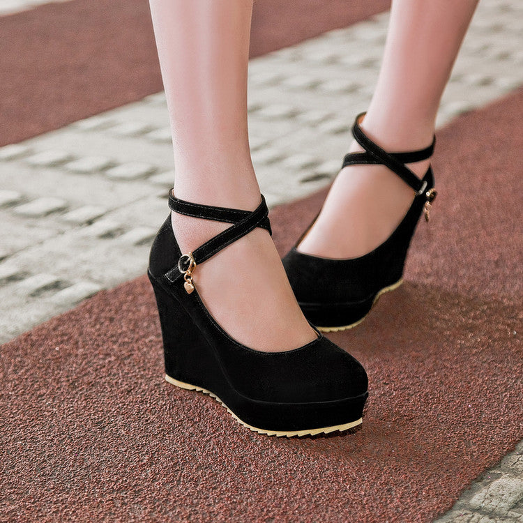 Woman Ankle Strap Heels Platform Wedges Shoes