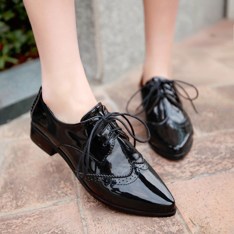 Women Glossy Pointed Toe Tied Lace Up Puppy Heel Chunky Heels Oxford Shoes
