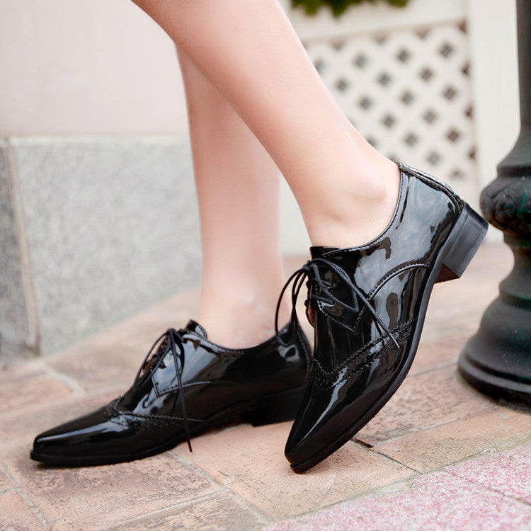 Women Glossy Pointed Toe Tied Lace Up Puppy Heel Chunky Heels Oxford Shoes