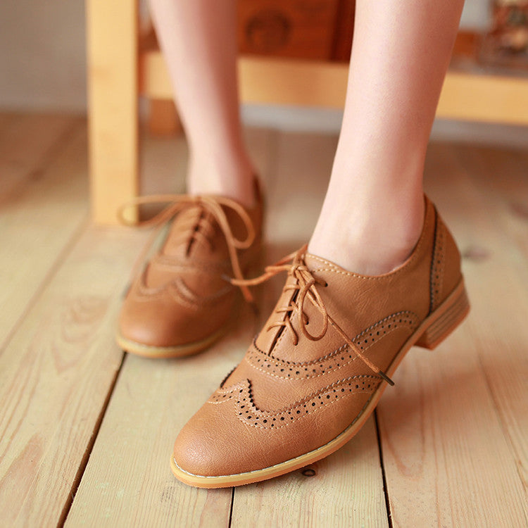 Women Pu Leather Stitching Patchwork Tied Lace Up Chunky Heels Oxford Shoes