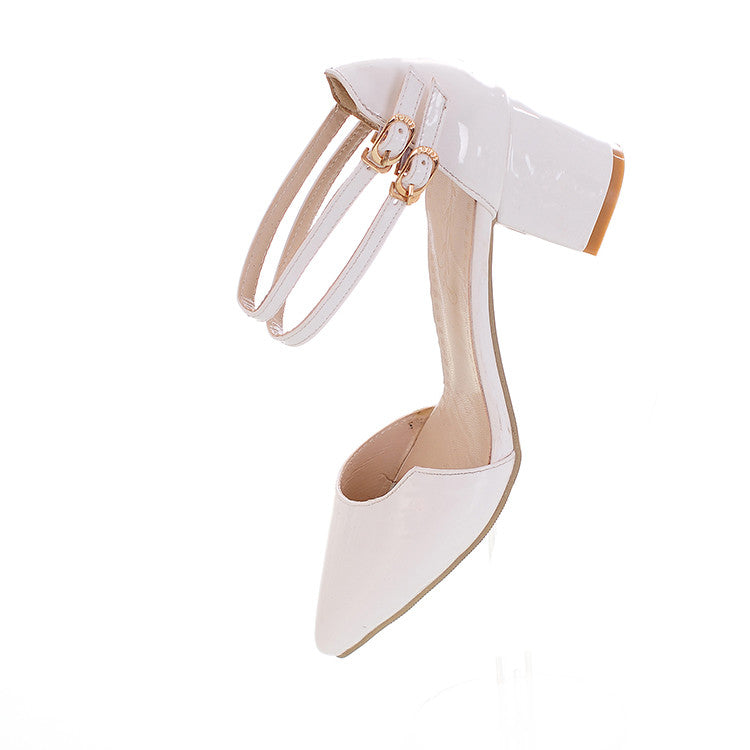 Women Candy Color Pointed Toe Hollow Out Double Strap Block Heel Sandals