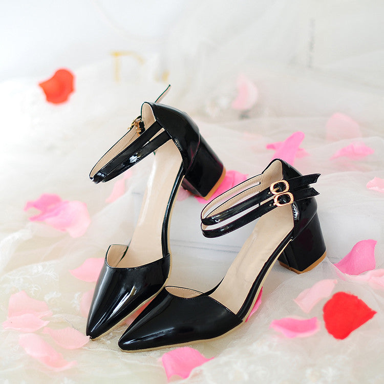 Women Candy Color Pointed Toe Hollow Out Double Strap Block Heel Sandals