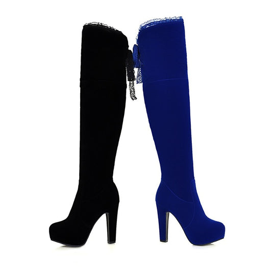 Women Suede Side Zippers Lace Chunky Heel Platform Over the Knee Boots