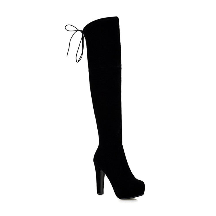 Women Fold Suede Back Tied Platform Chunky Heel Over the Knee Boots