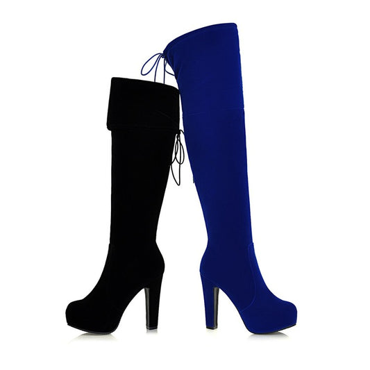Women Fold Suede Back Tied Platform Chunky Heel Over the Knee Boots