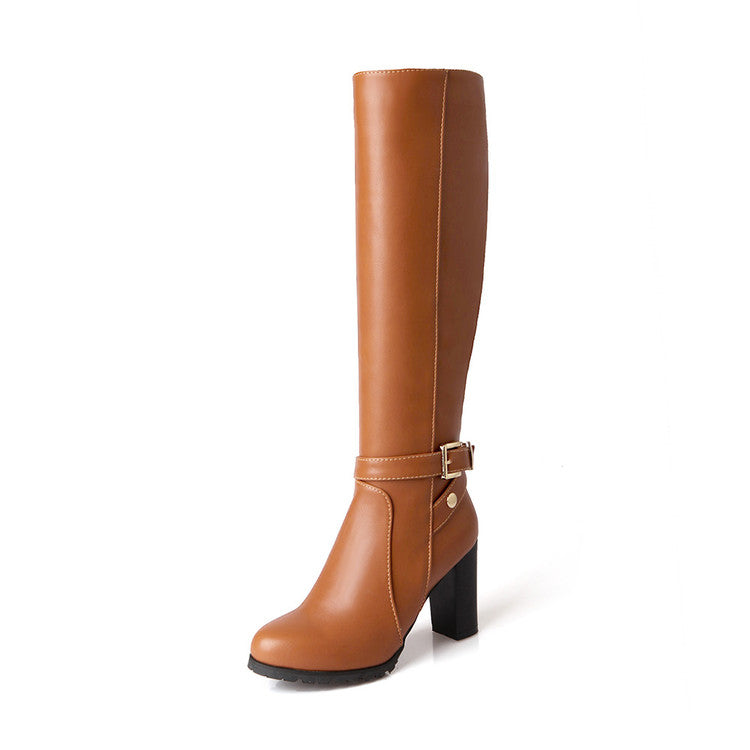 Women Pu Leather Belts Buckles Stitching Chunky Heel Knee High Boots