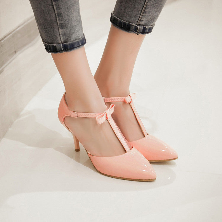Woman High Heels Pointed Toe Butterfly Knot T Strap Stiletto Sandals