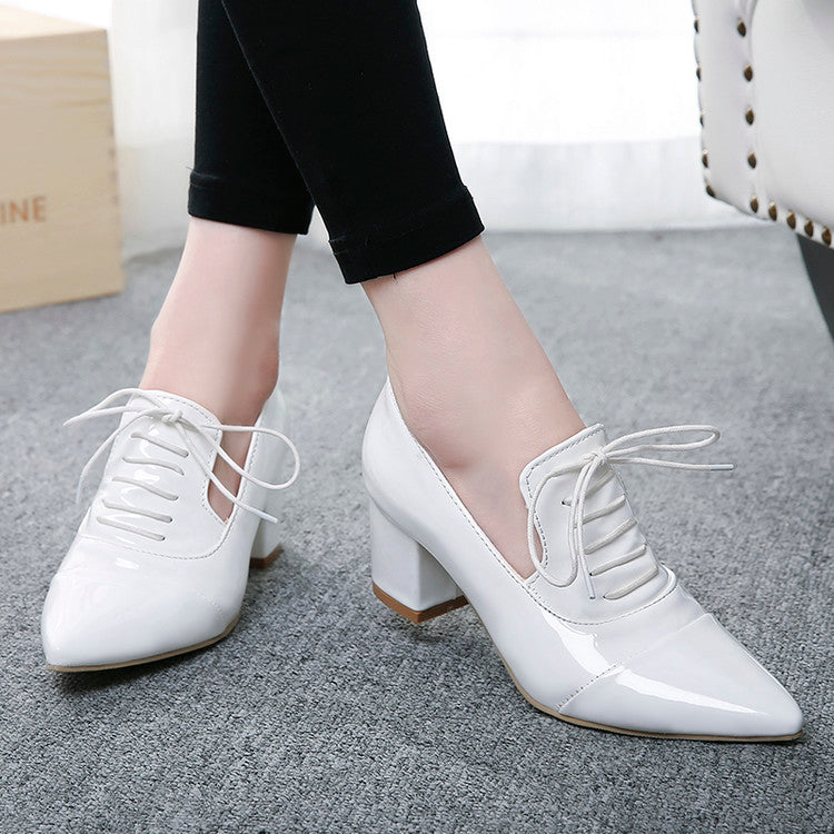 Woman Pointed Toe Lace Up Chunky Heel Pumps