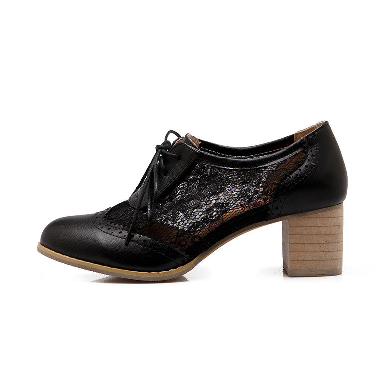 Women Pu Leather Round Toe Tied Belts Lace Carved Flora Block Heel Chunky Heels Oxford Shoes