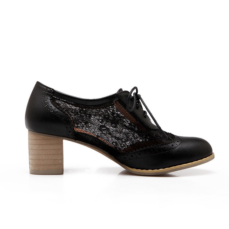 Women Pu Leather Round Toe Tied Belts Lace Carved Flora Block Heel Chunky Heels Oxford Shoes