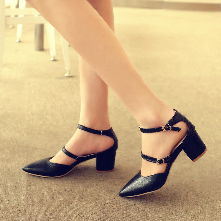 Women Solid Color Glossy Pointed Toe Ankle Strap Block Heel Sandals