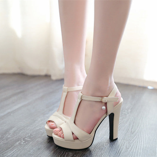 Women T Strap Pearls High Heel Platform Sandals