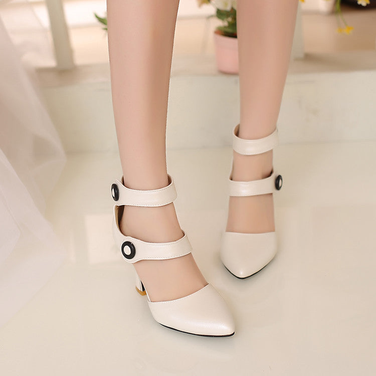 Women Pointed Toe Double Ankle Strap Metal Decor Chunky Heel Sandals