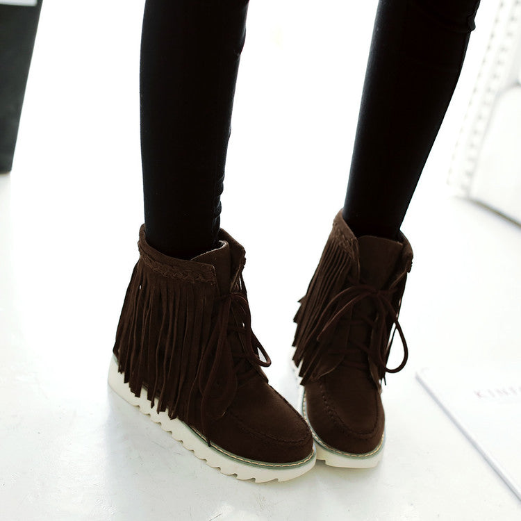 Women Suede Stitching Tassel Lace Up Flat Short Boots