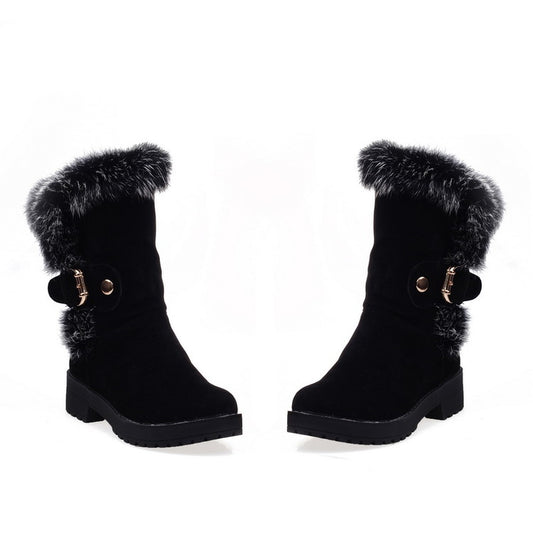 Woman Fur Buckle Belt Block Heel Snow Boots