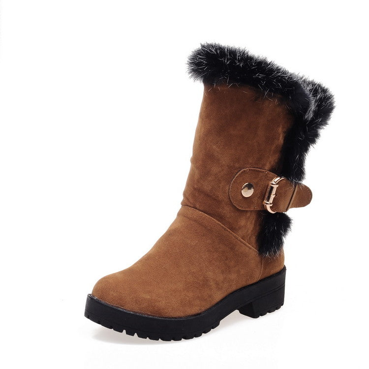 Woman Fur Buckle Belt Block Heel Snow Boots