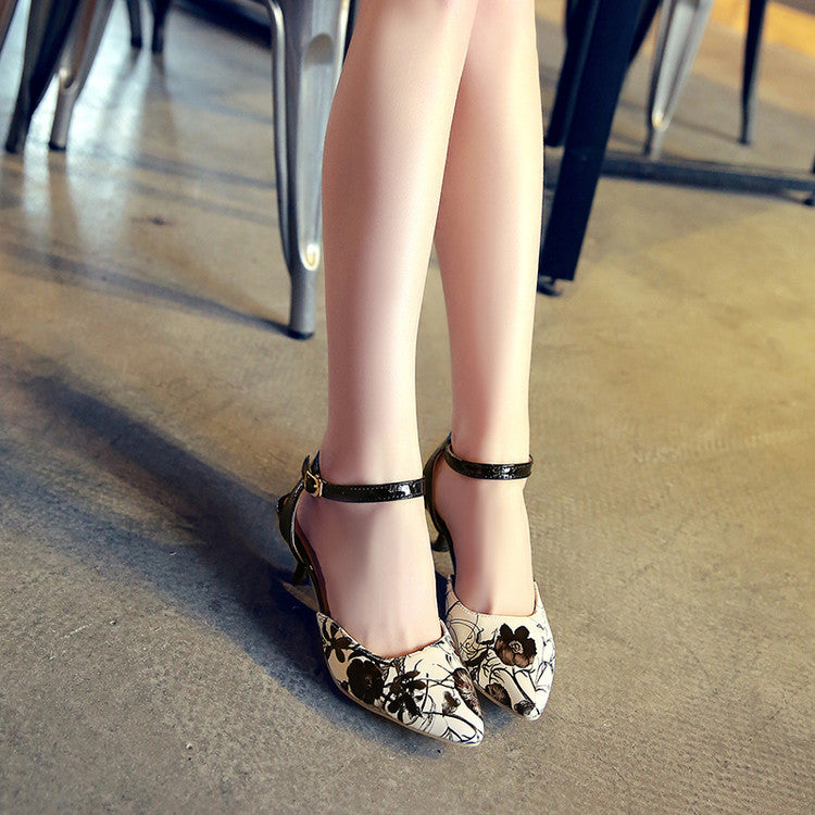 Women Pointed Toe Flora Printed Ankle Strap Buckle High Heel Sandals