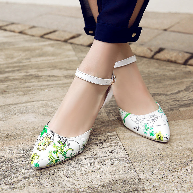 Women Pointed Toe Flora Printed Ankle Strap Buckle High Heel Sandals