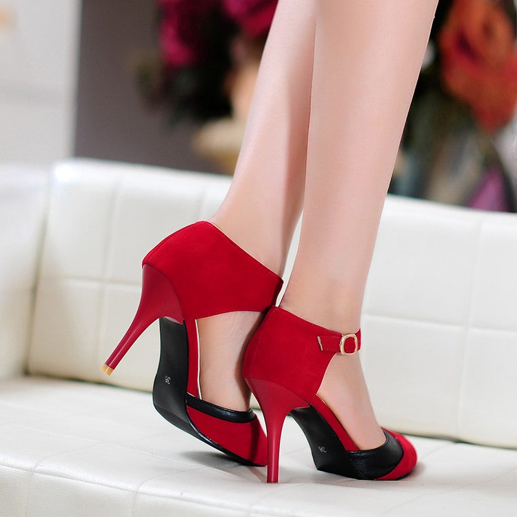 Women Color Block Pointed Toe Ankle Strap Buckle Stiletto High Heel Sandals
