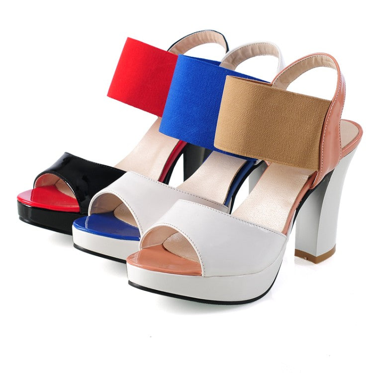 Women Bling Bling Glossy Color Block Round Toe High Heel Platform Sandals