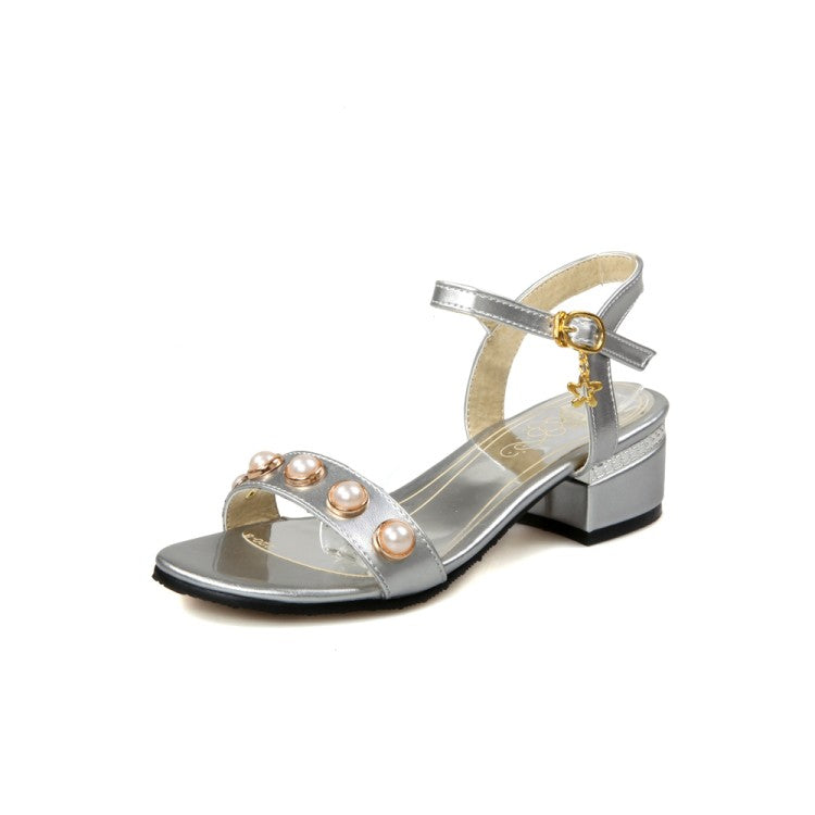 Woman Chunky Heel Solid Color Peep Toe Buckle Strap Pearls Sandals