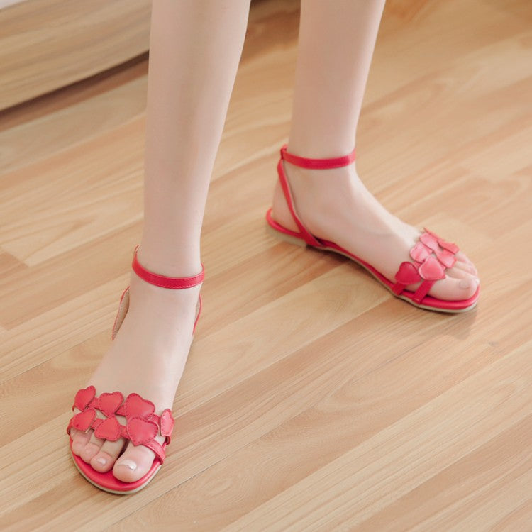 Women Ankle Strap Loves Shaped Flats Sandals