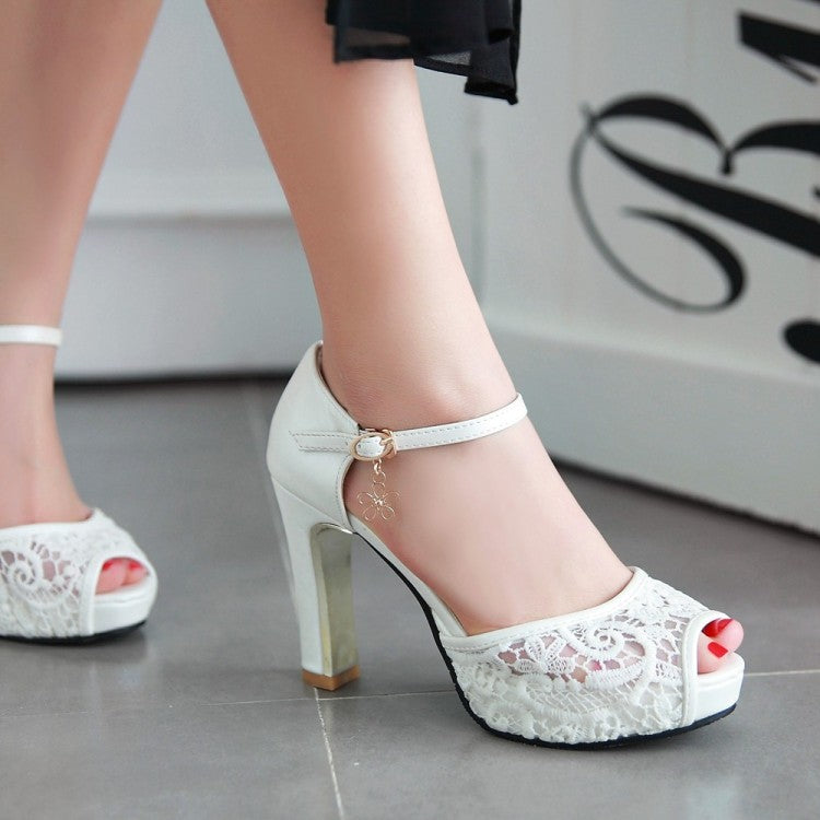 Woman Lace Ankle Strap Flora Mesh High Heel Platform Sandals