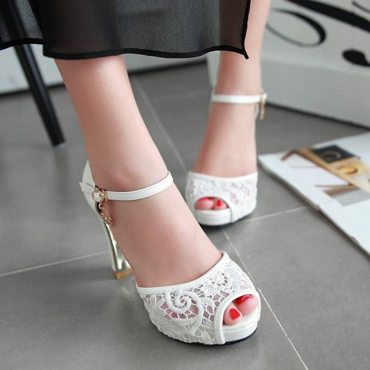 Woman Lace Ankle Strap Flora Mesh High Heel Platform Sandals