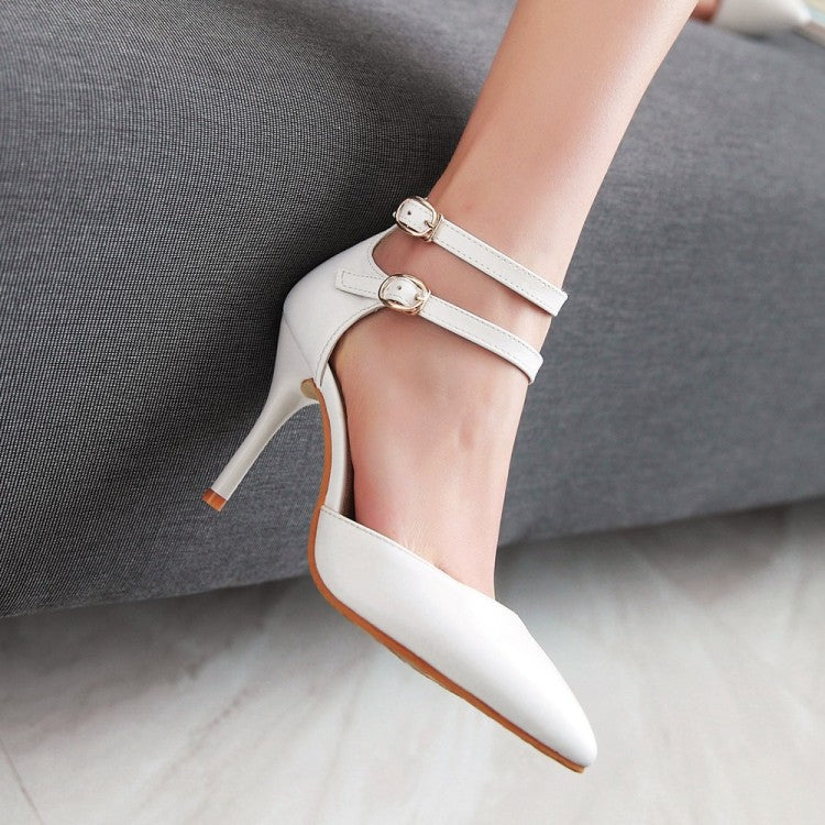 Women Solid Color Pointed Toe Double Ankle Strap Spool Heel High Heeled Sandals