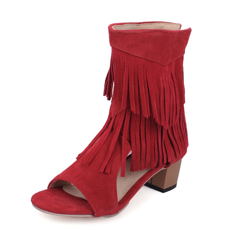 Women Solid Color Suede Tassel Round Toe Hollow Out Block Heel Sandals