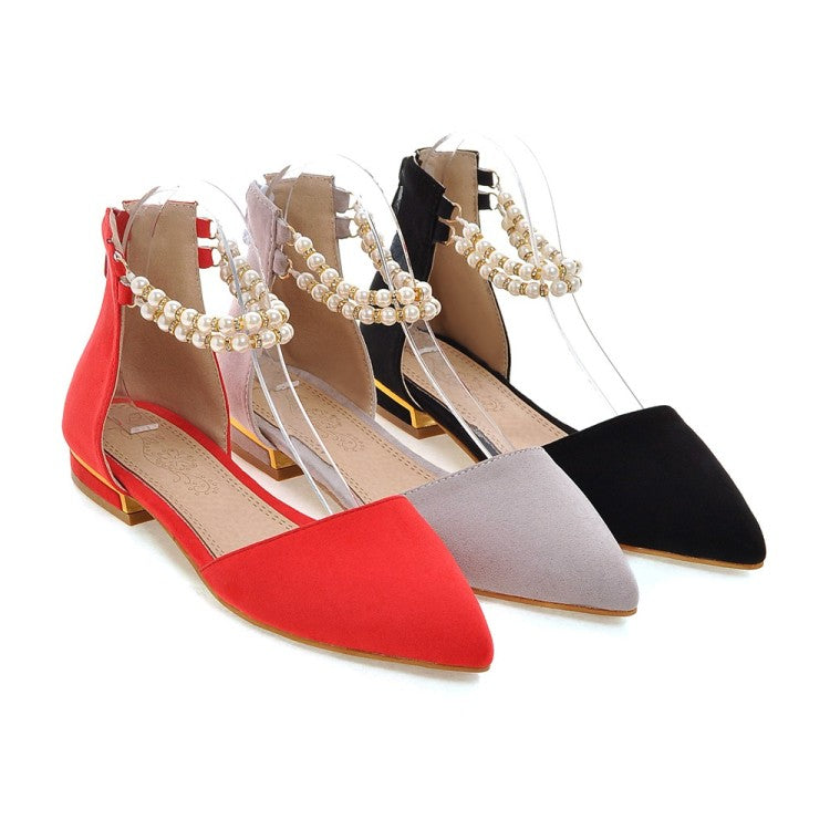 Women Pointed Toe Solid Color Pearls Beading Ankle Strap Flat Sandals