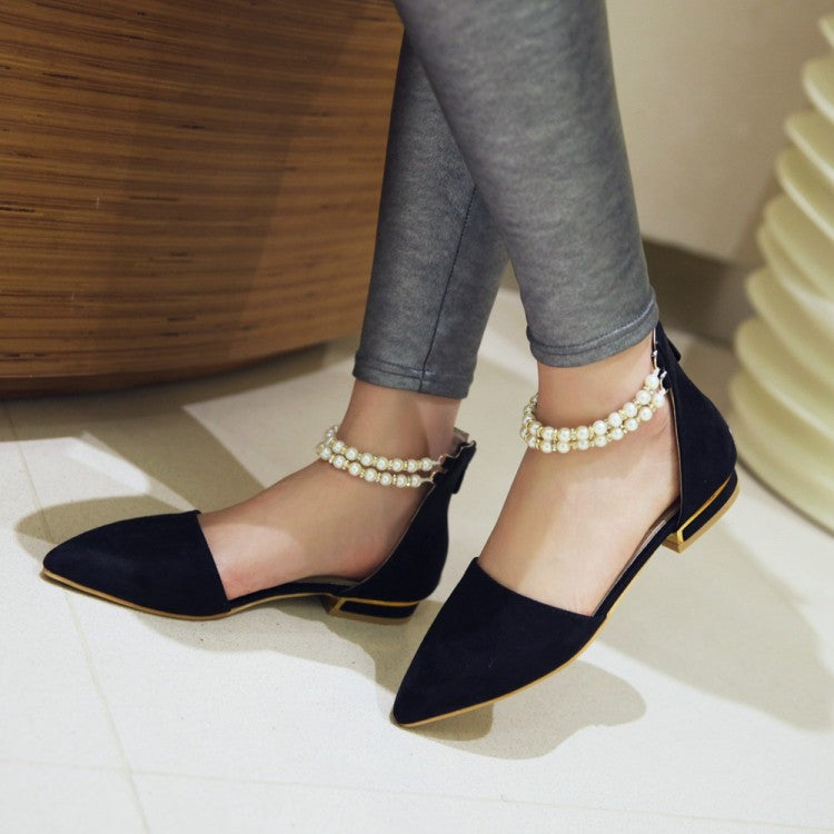 Women Pointed Toe Solid Color Pearls Beading Ankle Strap Flat Sandals