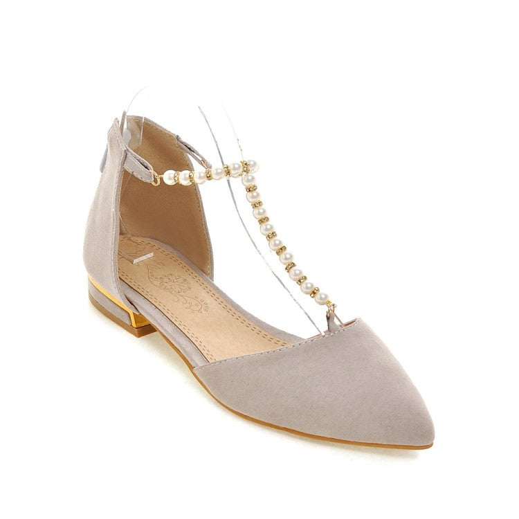 Women Solid Color Pointed Toe Pearls Beading Flat Sandals